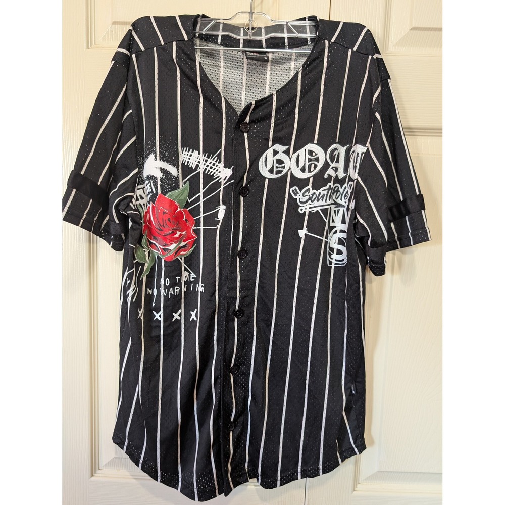 Southpole Y2K Streetwear Baseball Jersey Pinstripe Rose Graphic Blk Small Unisex
